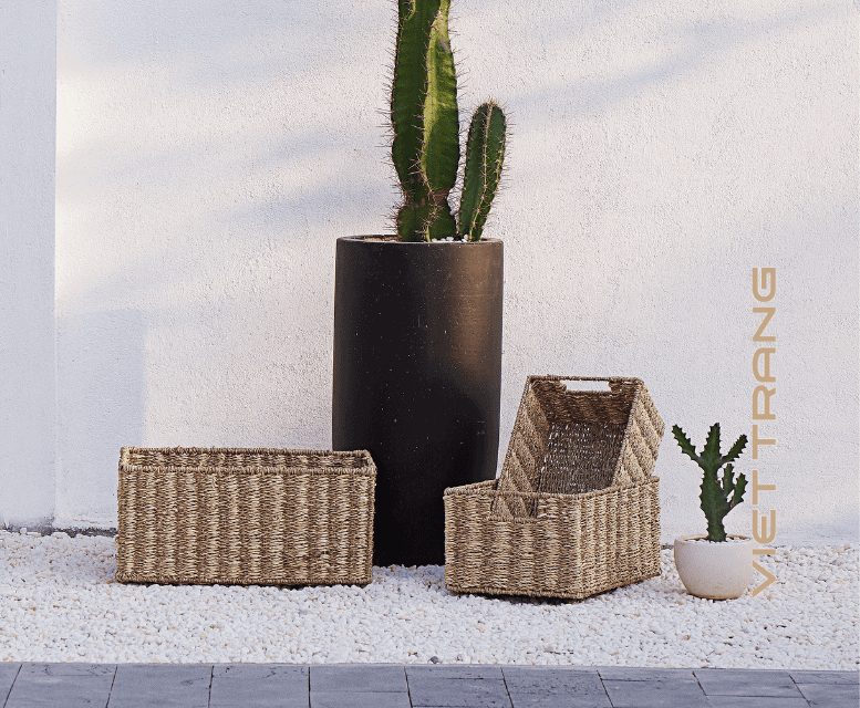 Baskets, rug, planter, lampshade and tray from one natural fiber range.