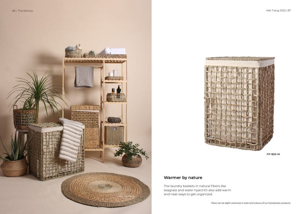 Handwoven seagrass laundry basket styled in a living space.