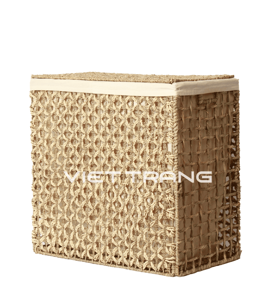 Collapsible natural fiber hamper in an open diamond lattice weave, handwoven in Vietnam, showing the open weave family used across our range.