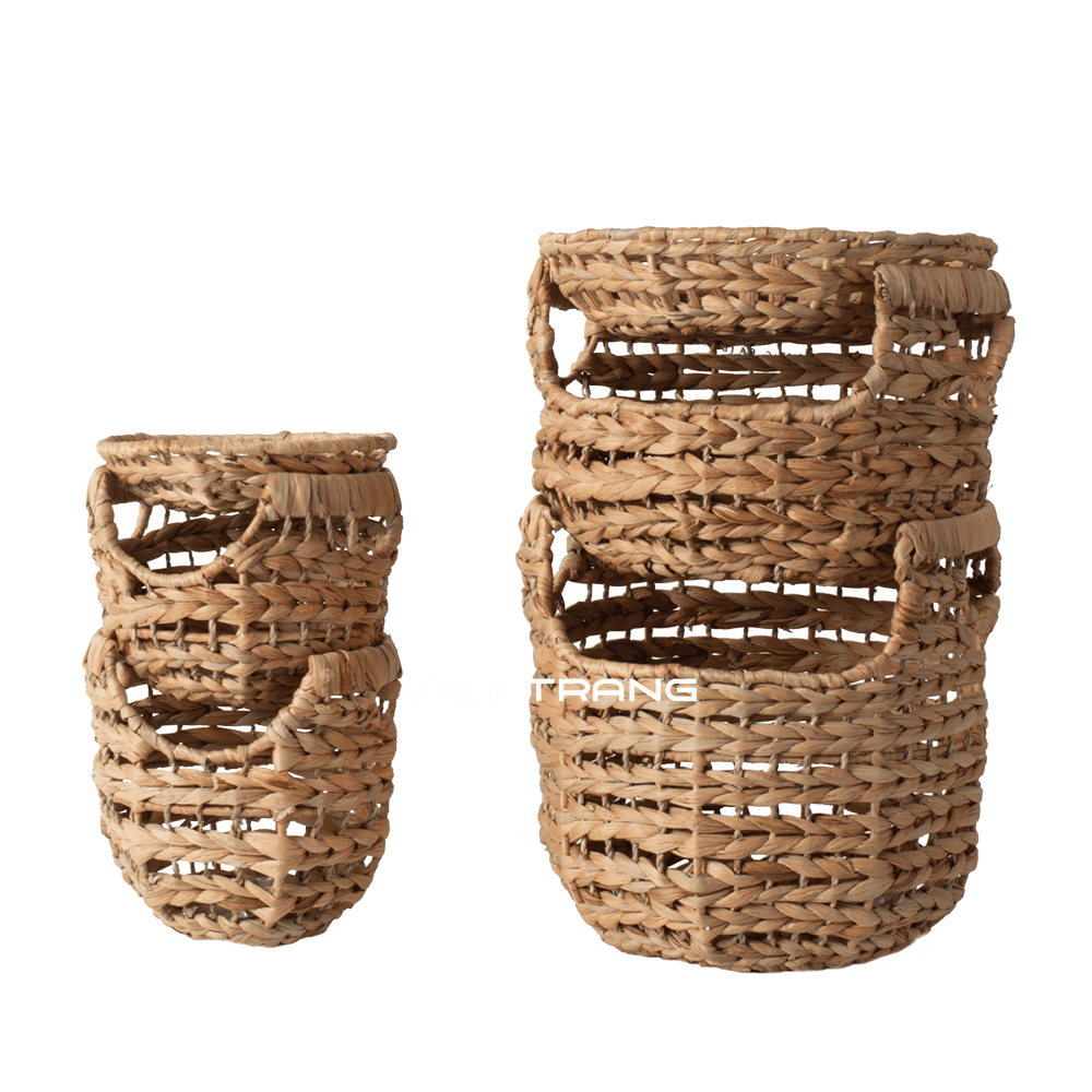 Stackable water hyacinth kitchen basket handwoven in Vietnam.
