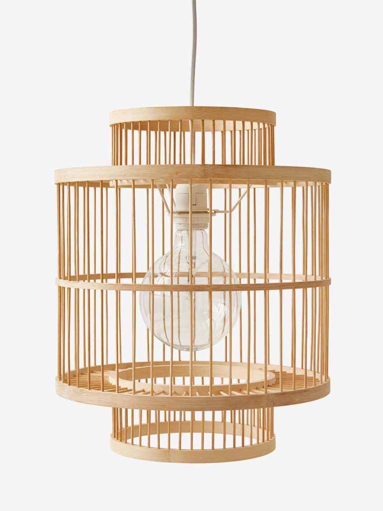 Bamboo cage pendant lampshade with vertical weave, handwoven in Vietnam.