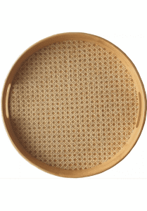 Round rattan serving tray with a woven base, handmade in Vietnam.
