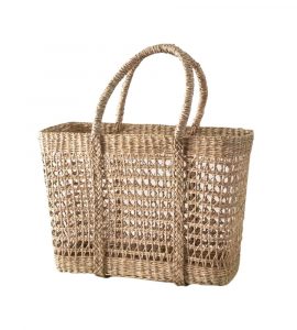 Large seagrass shopping handbag with an open lattice weave and tall braided handles.