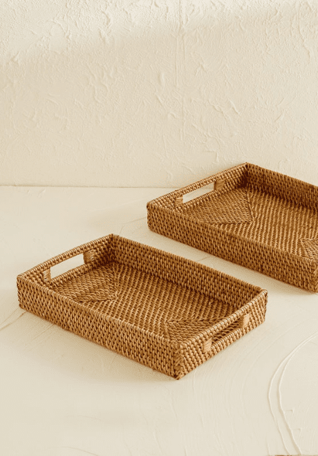 Wholesale rectangle rattan storage tray with handles