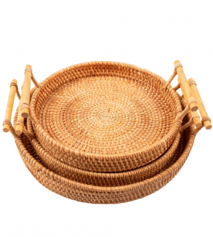 Handwoven Round rattan storage tray with handles