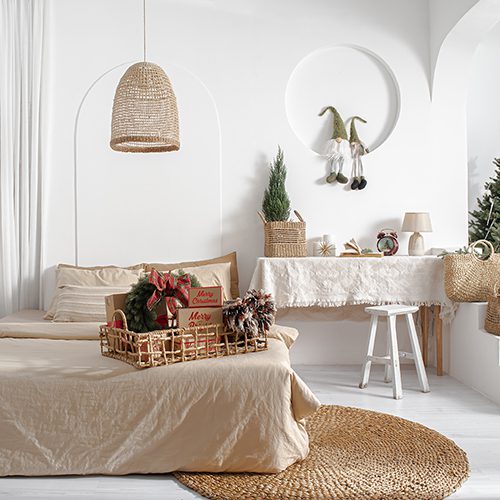 natural lampshade and basket in bedroom