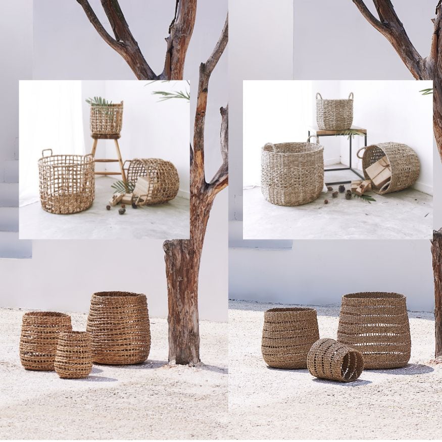 Handwoven seagrass and water hyacinth baskets made in Nga Son, Vietnam.