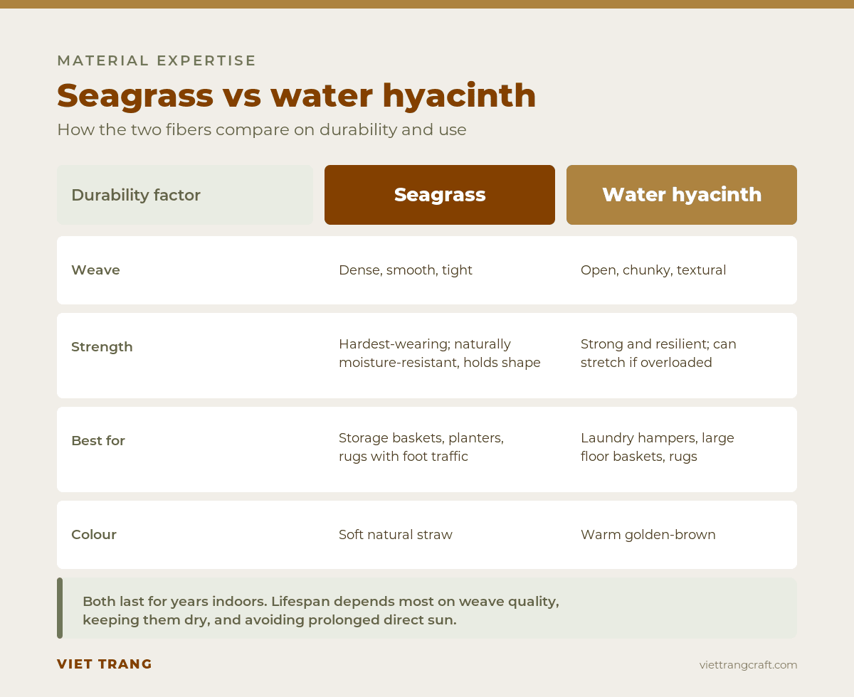 Seagrass versus water hyacinth basket durability comparison