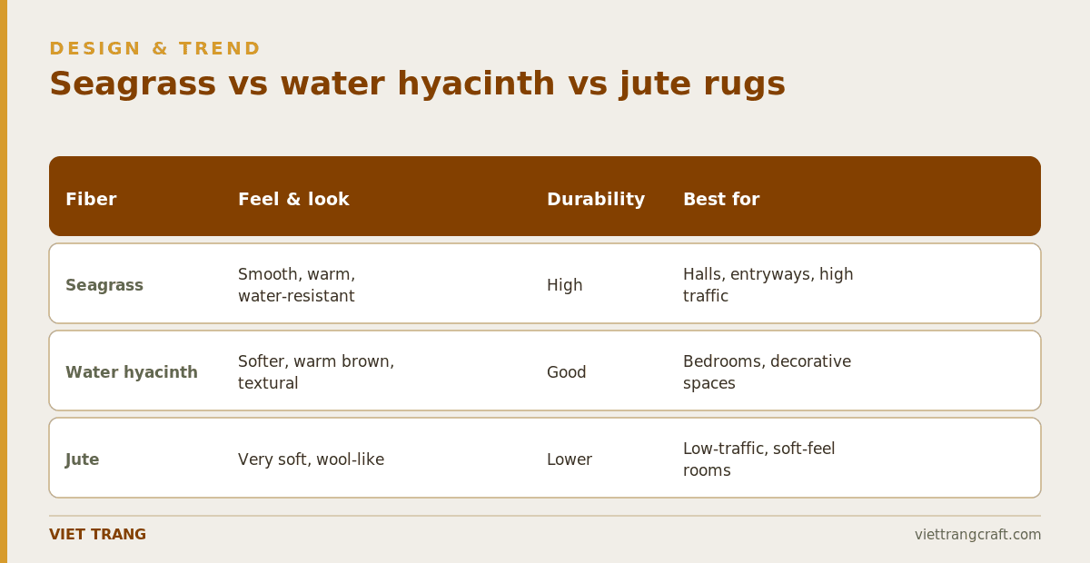 Comparison of seagrass, water hyacinth and jute rugs.