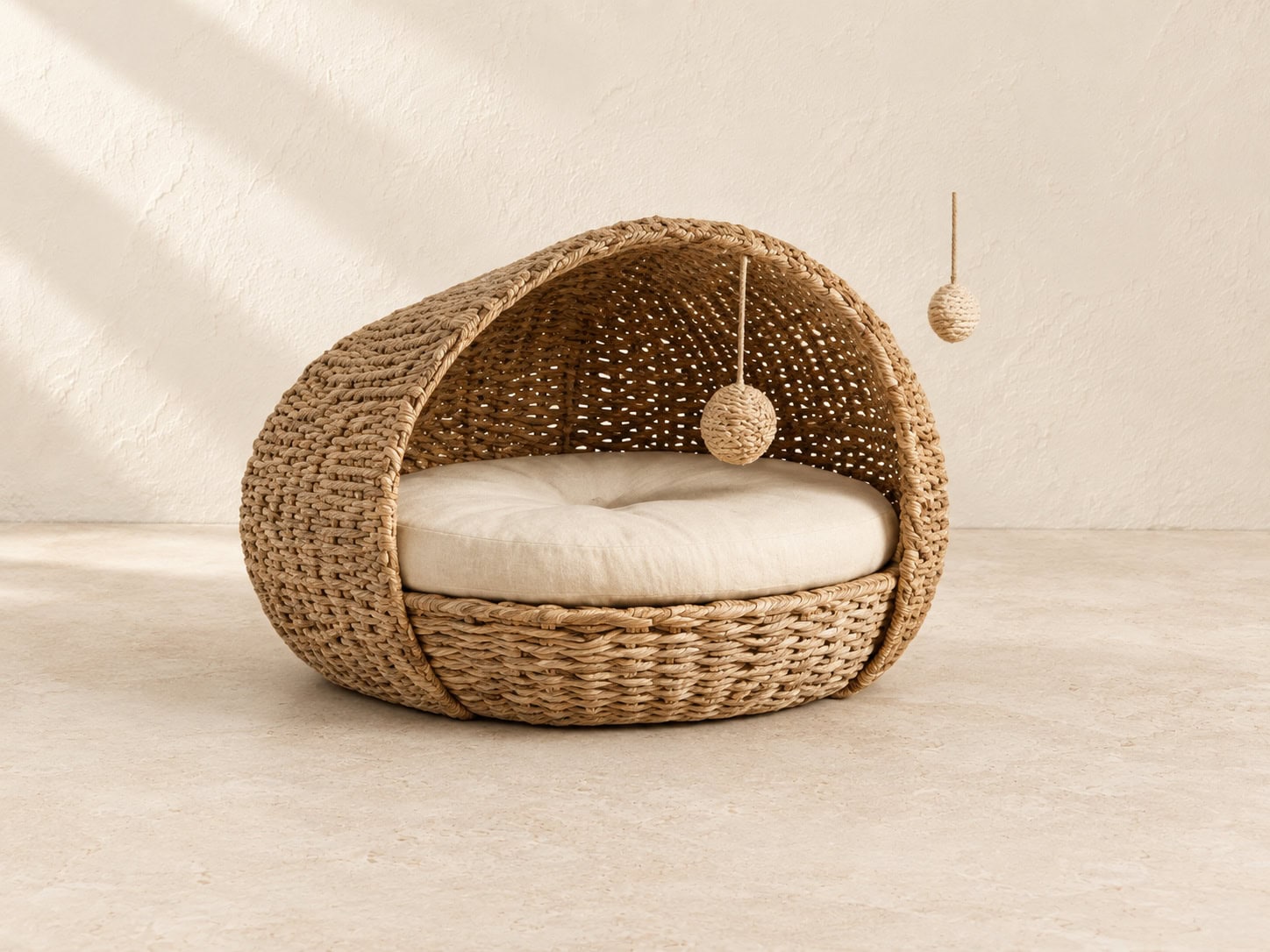 Round Water Hyacinth Cat Den with Hanging Toy Ball