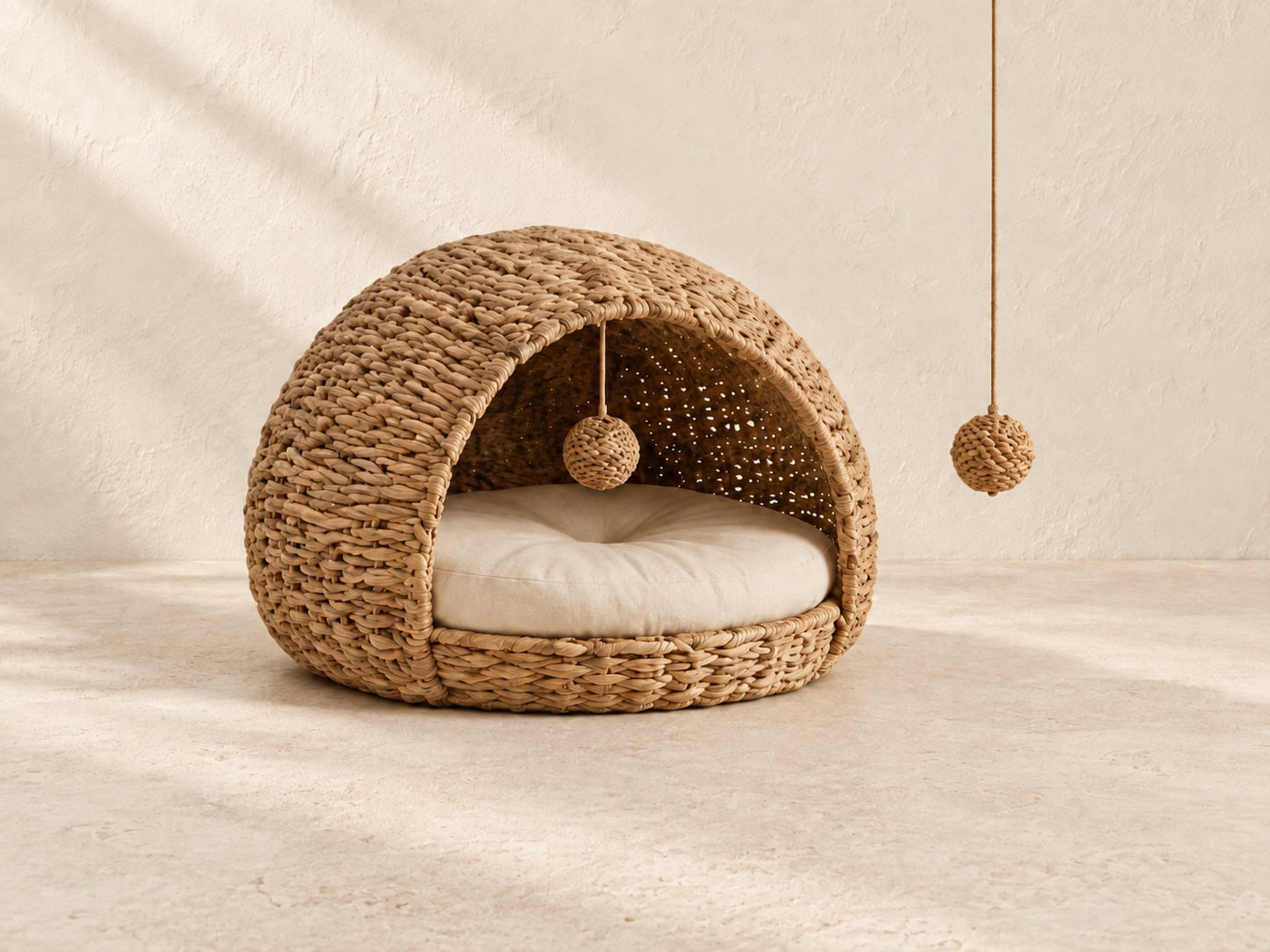 Water Hyacinth Cat Cave Bed with Toy Balls