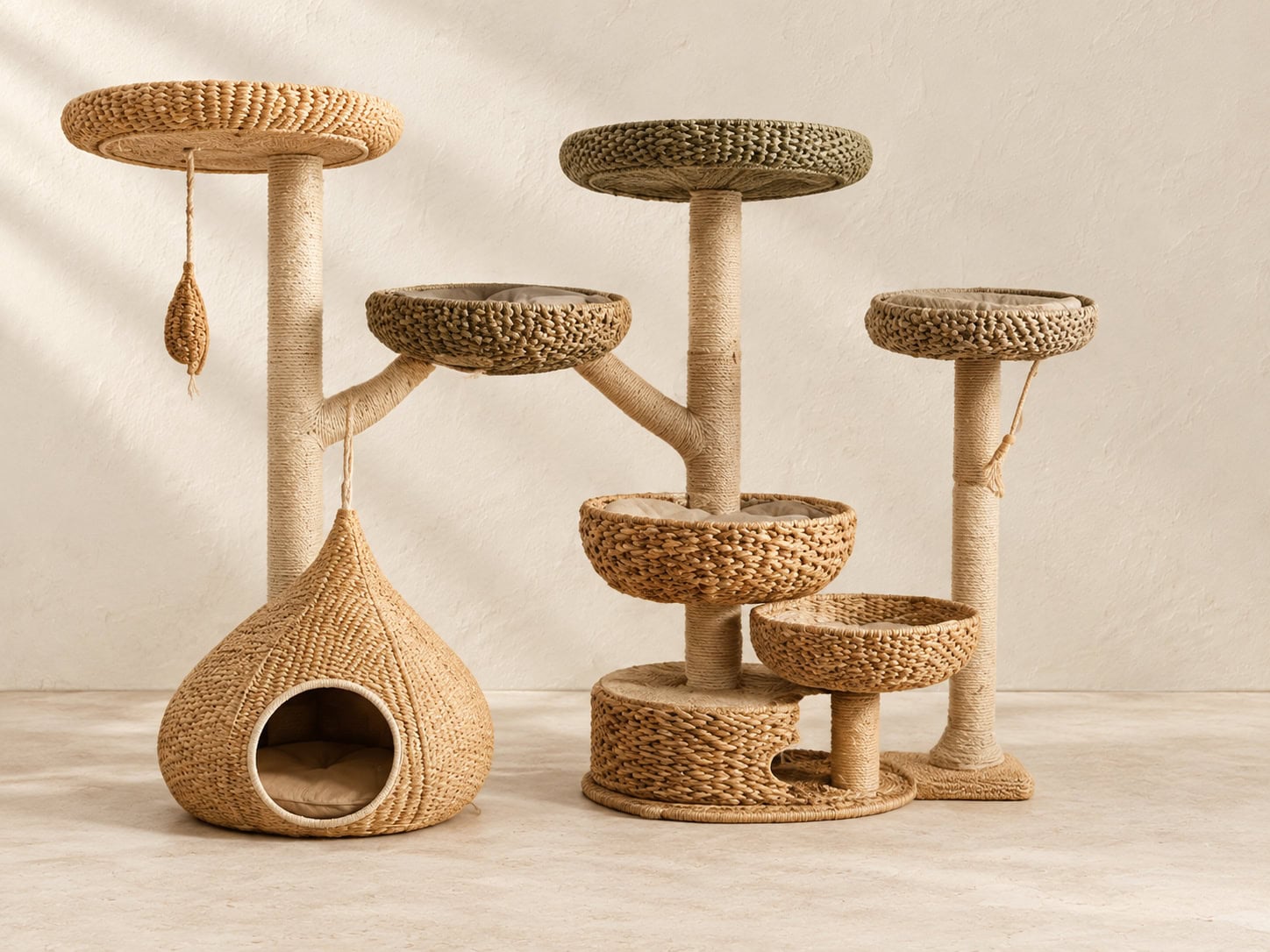 Mushroom-Top Water Hyacinth Cat Trees, Set of 3