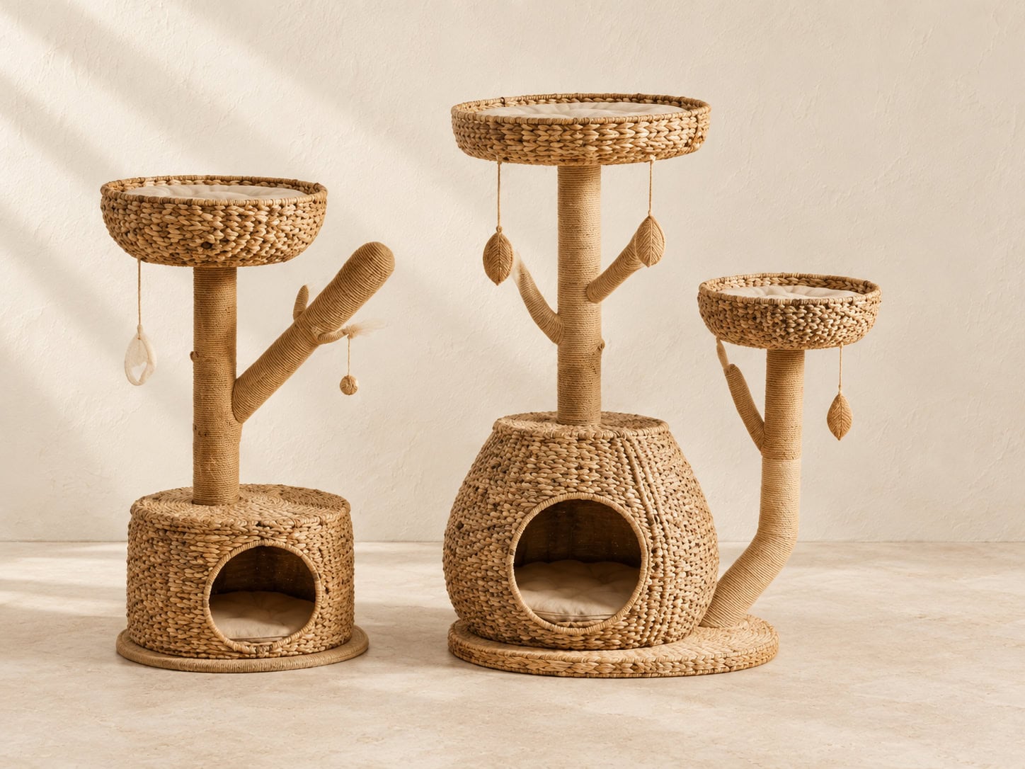 Basket Nest & Branch Water Hyacinth Cat Trees, Set of 2