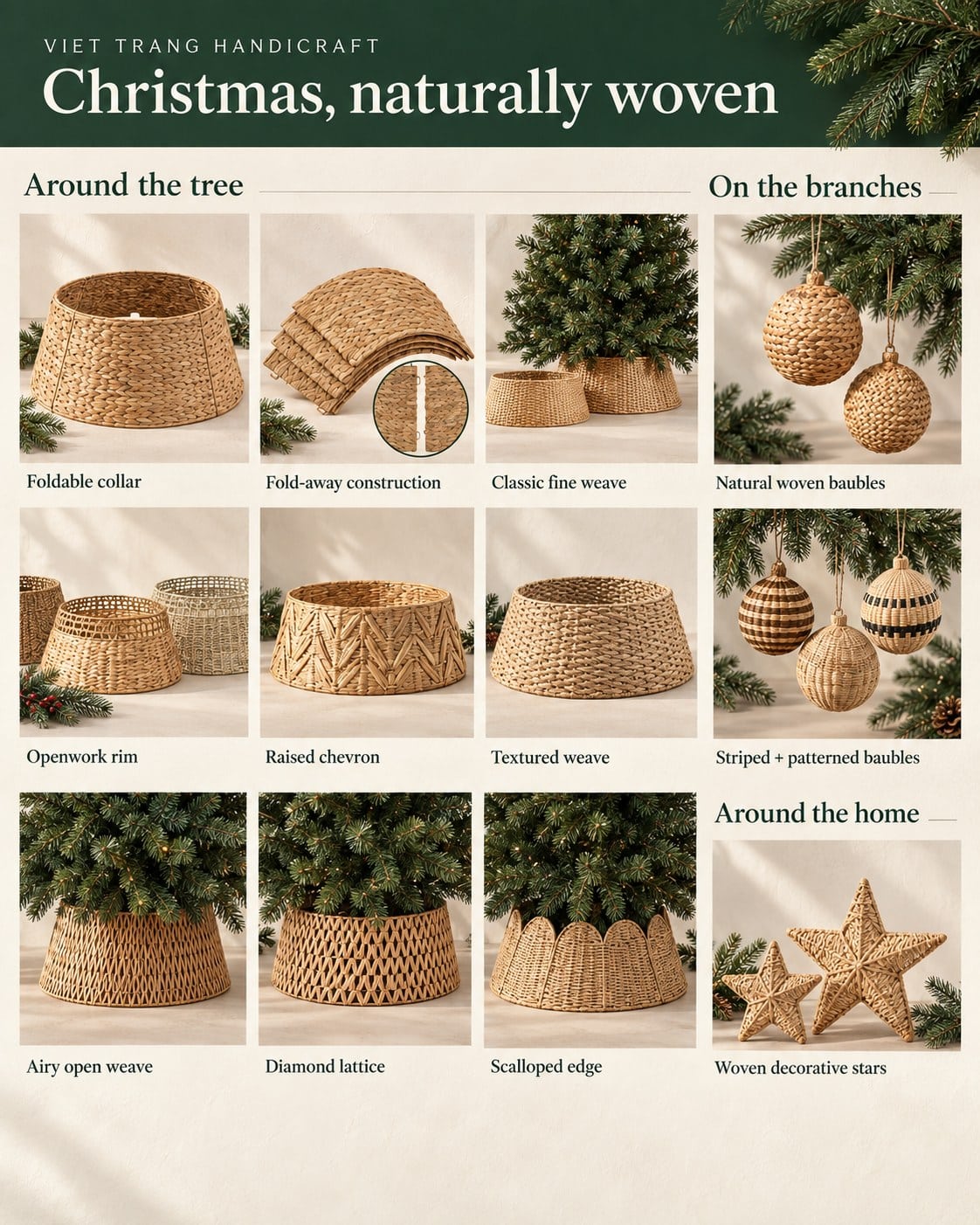 Viet Trang Christmas collection: nine handwoven natural fiber tree collar designs including foldable, chevron, diamond lattice and scalloped edge, plus woven baubles and decorative stars