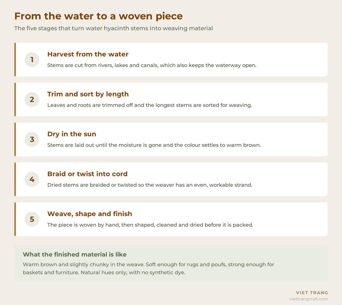 Infographic showing the five stages that turn water hyacinth stems into weaving material: harvest, trim and sort, sun drying, braiding into cord, and hand weaving and finishing.