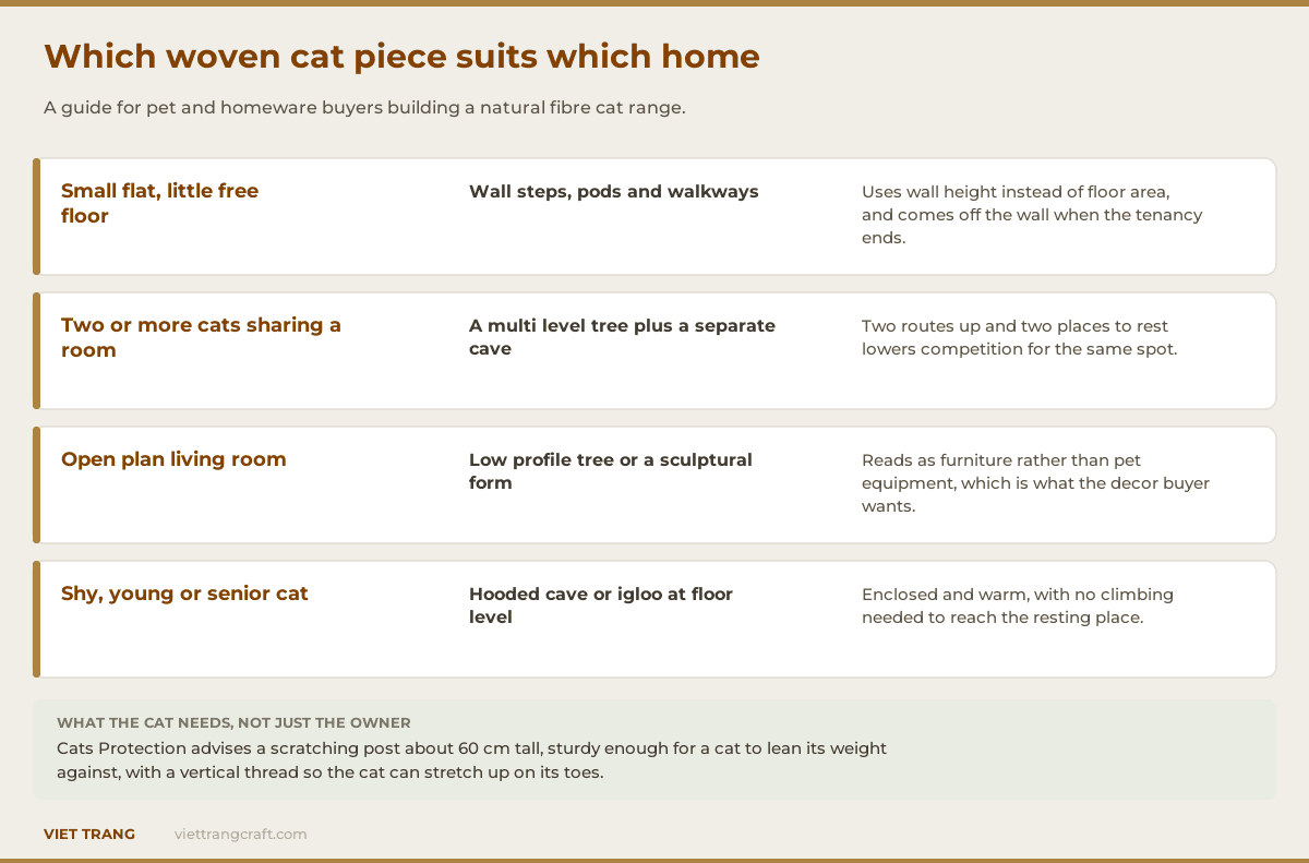 Infographic matching four home situations to the right woven cat furniture format: wall pieces, a multi level tree with a cave, a low profile tree, and a hooded cave.